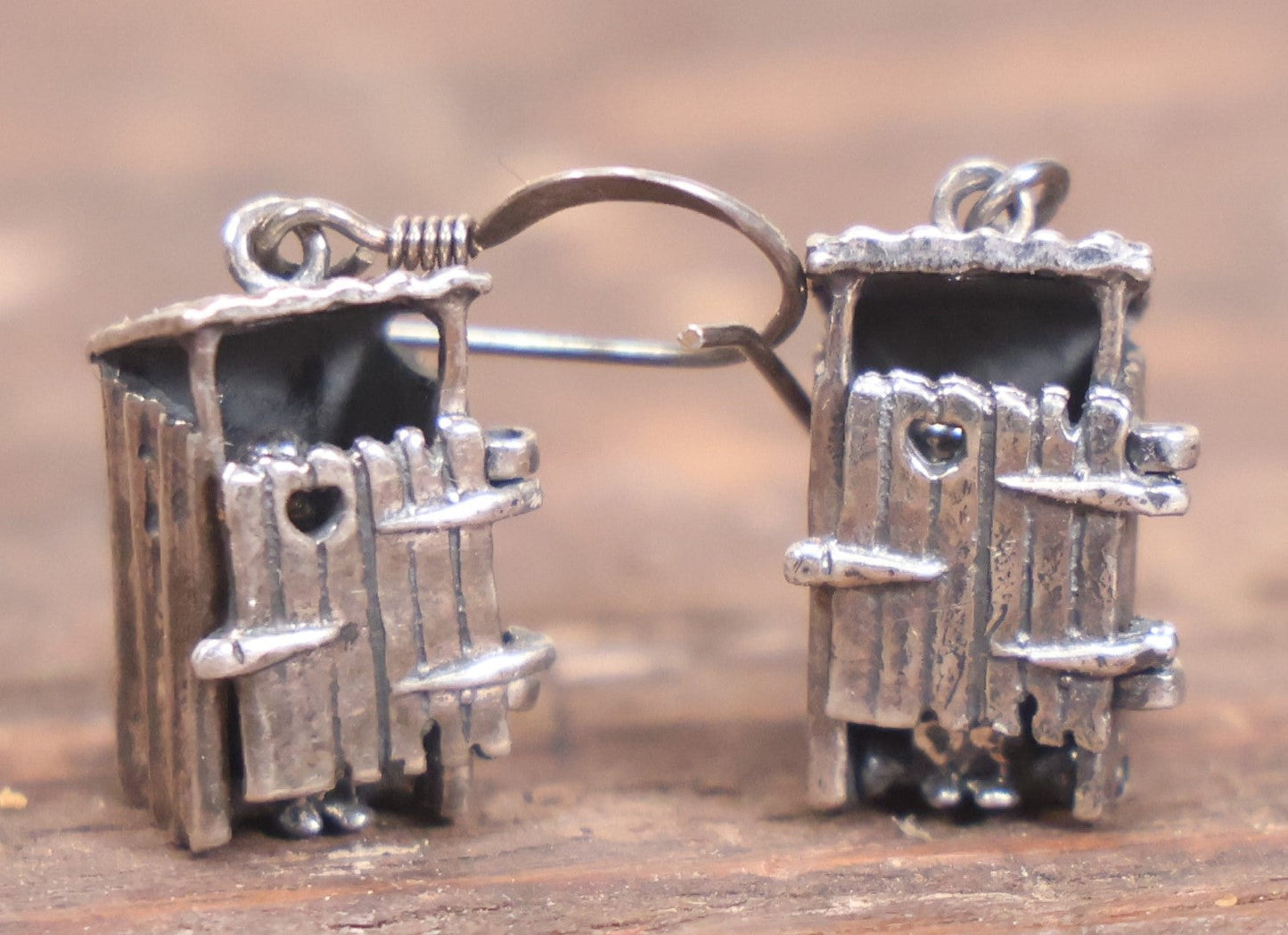 Lot 038 - Pair Of Vintage Sterling Silver Man On Toilet Articulated Outhouse Novelty Earrings, Marked 925