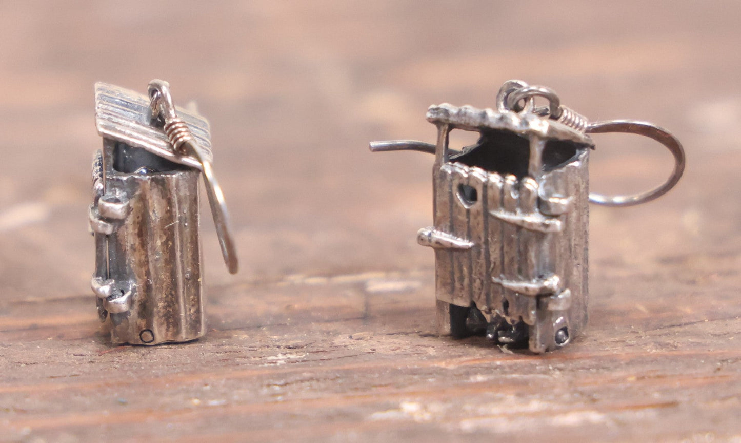 Lot 038 - Pair Of Vintage Sterling Silver Man On Toilet Articulated Outhouse Novelty Earrings, Marked 925