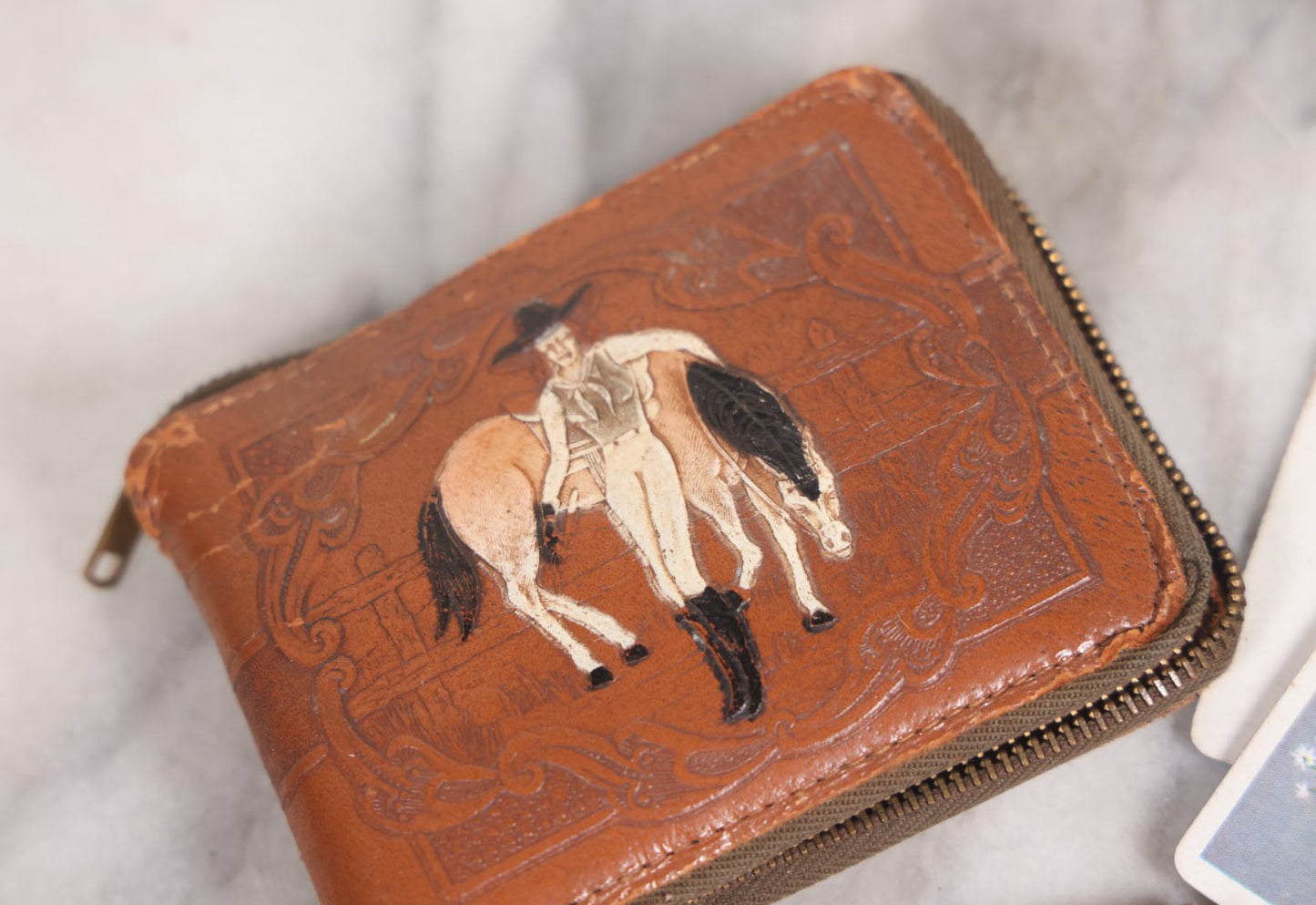 Lot 042 - Vintage Leather Painted Cowgirl Pinup Wallet With Horse, Holding Salesman's Sample Playing Card Blanks