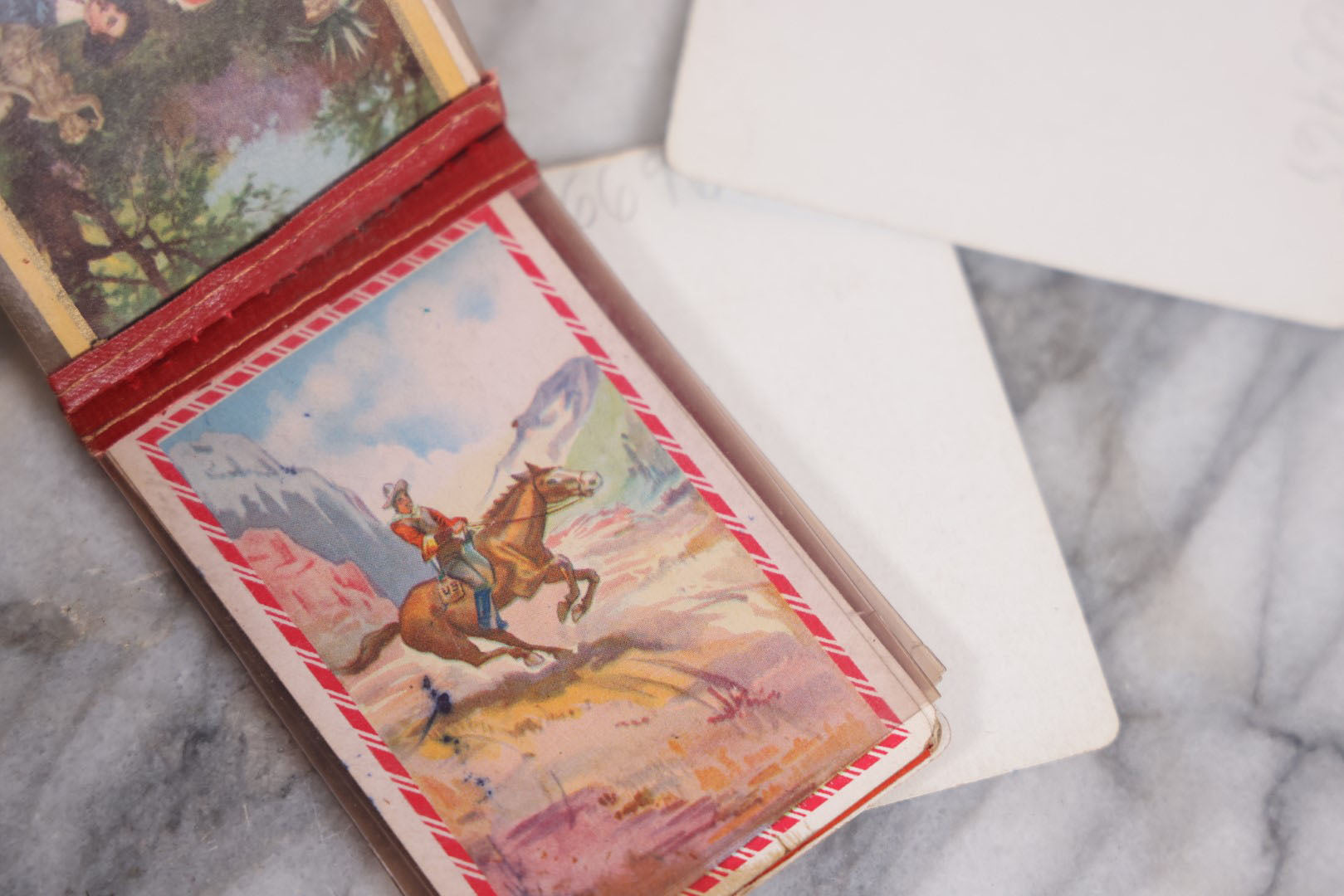 Lot 042 - Vintage Leather Painted Cowgirl Pinup Wallet With Horse, Holding Salesman's Sample Playing Card Blanks