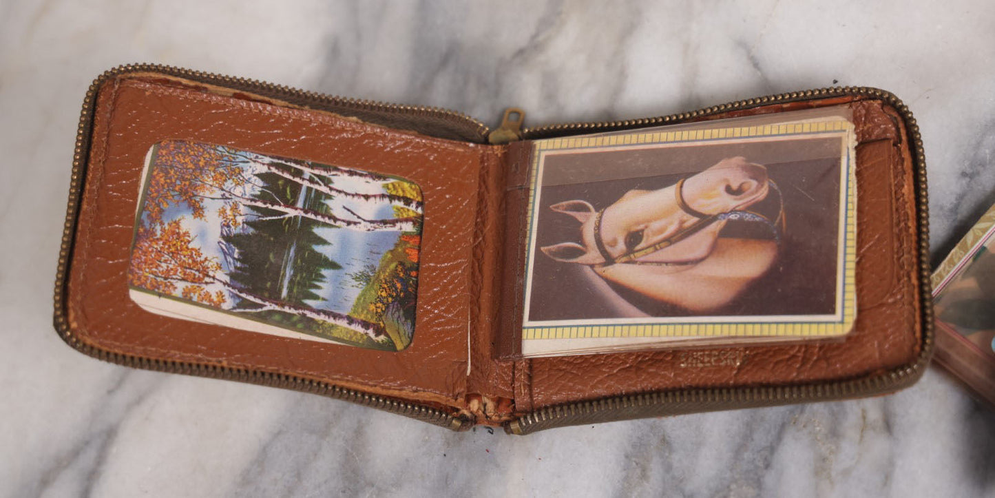 Lot 042 - Vintage Leather Painted Cowgirl Pinup Wallet With Horse, Holding Salesman's Sample Playing Card Blanks