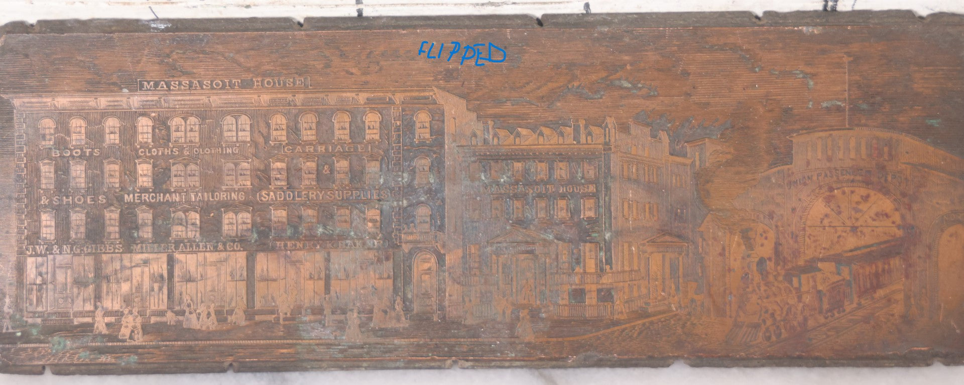 Lot 043 - Antique Springfield, Massachusetts, Massasoit House Hotel Advertising Engraved Copper Printing Plate, With Hartford And New Haven Railway Station