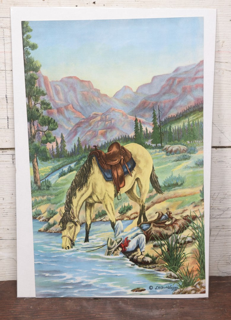 Lot 045 - Vintage Chromolithograph Poster, Western Cowboy Scene, "A Drink Of Water" By L.H. Dude Larsen, 1938