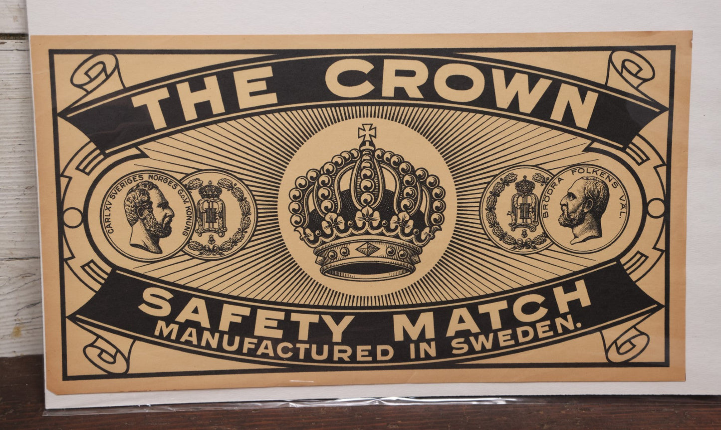 Lot 047 - Vintage Lithographed Large Size Matches Crate Label, The Crown Safety Match, Manufactured In Sweden