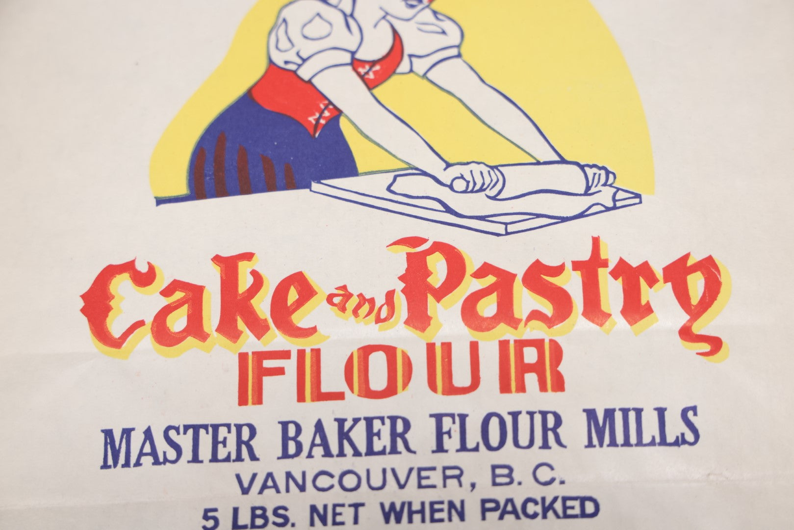 Lot 048 - Vintage N.O.S. Snow White Delicious Cake And Pastry 5 Lb Flour Sack, Master Baker Flour Mills, Vancouver, British Columbia