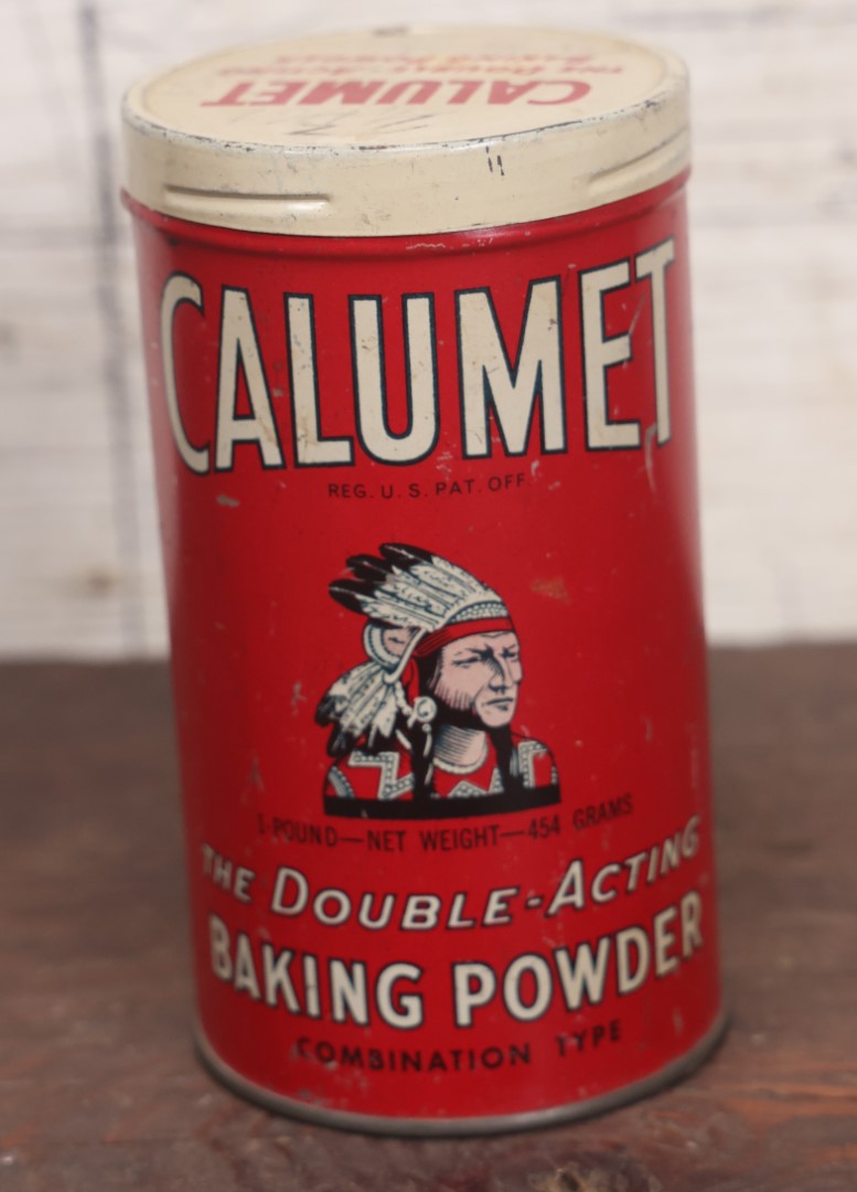 Lot 049 - Vintage Calumet Double Acting Baking Powder Advertising Tin With Lid, Native American Indian Chief Motif, 1 Pound