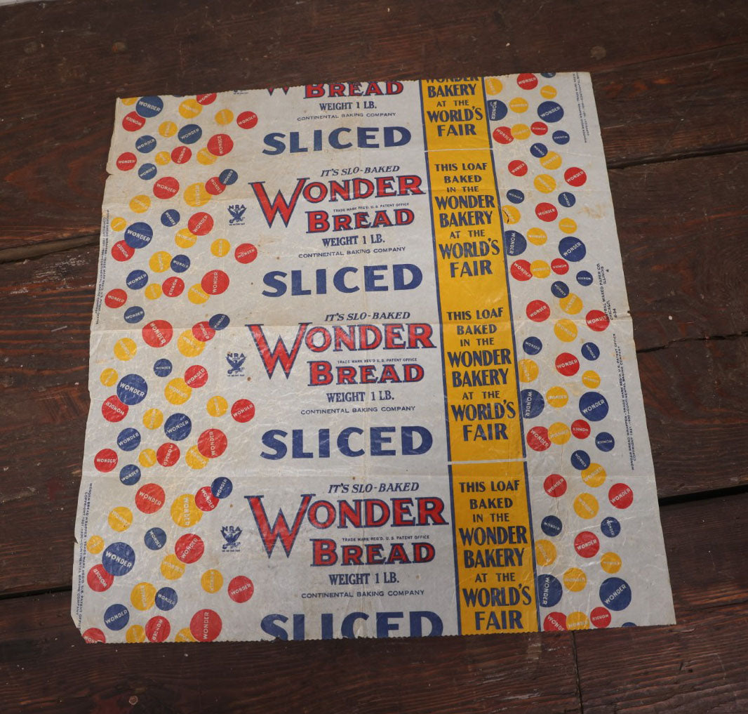 Lot 050 - Vintage Wonder Bread Wax Paper Sliced Bread Loaf Wrapper, Baked In The Wonder Bakery At The World's Fair, Circa 1930, Continental Baking Company, Central Waxed Paper Co.