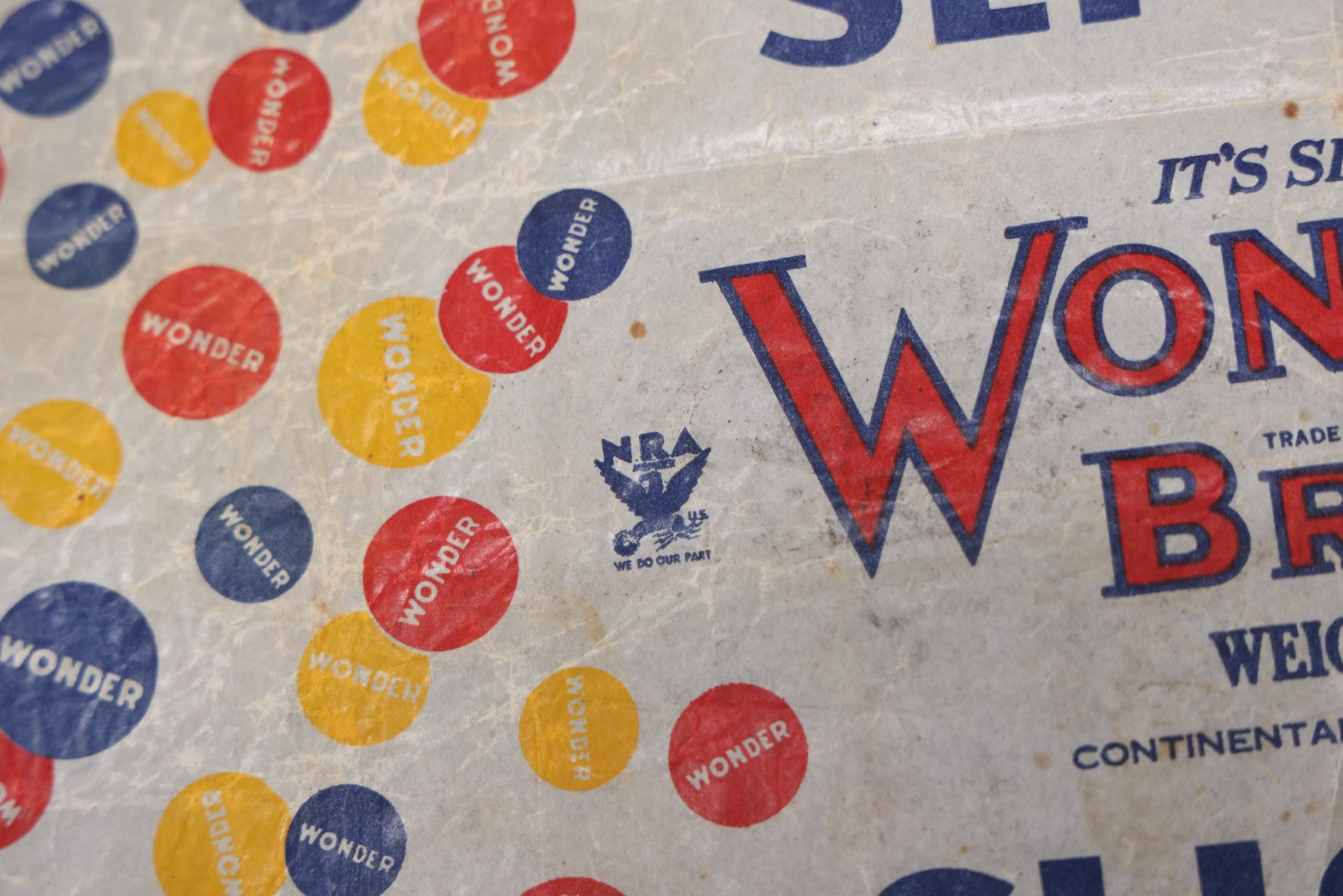 Lot 050 - Vintage Wonder Bread Wax Paper Sliced Bread Loaf Wrapper, Baked In The Wonder Bakery At The World's Fair, Circa 1930, Continental Baking Company, Central Waxed Paper Co.