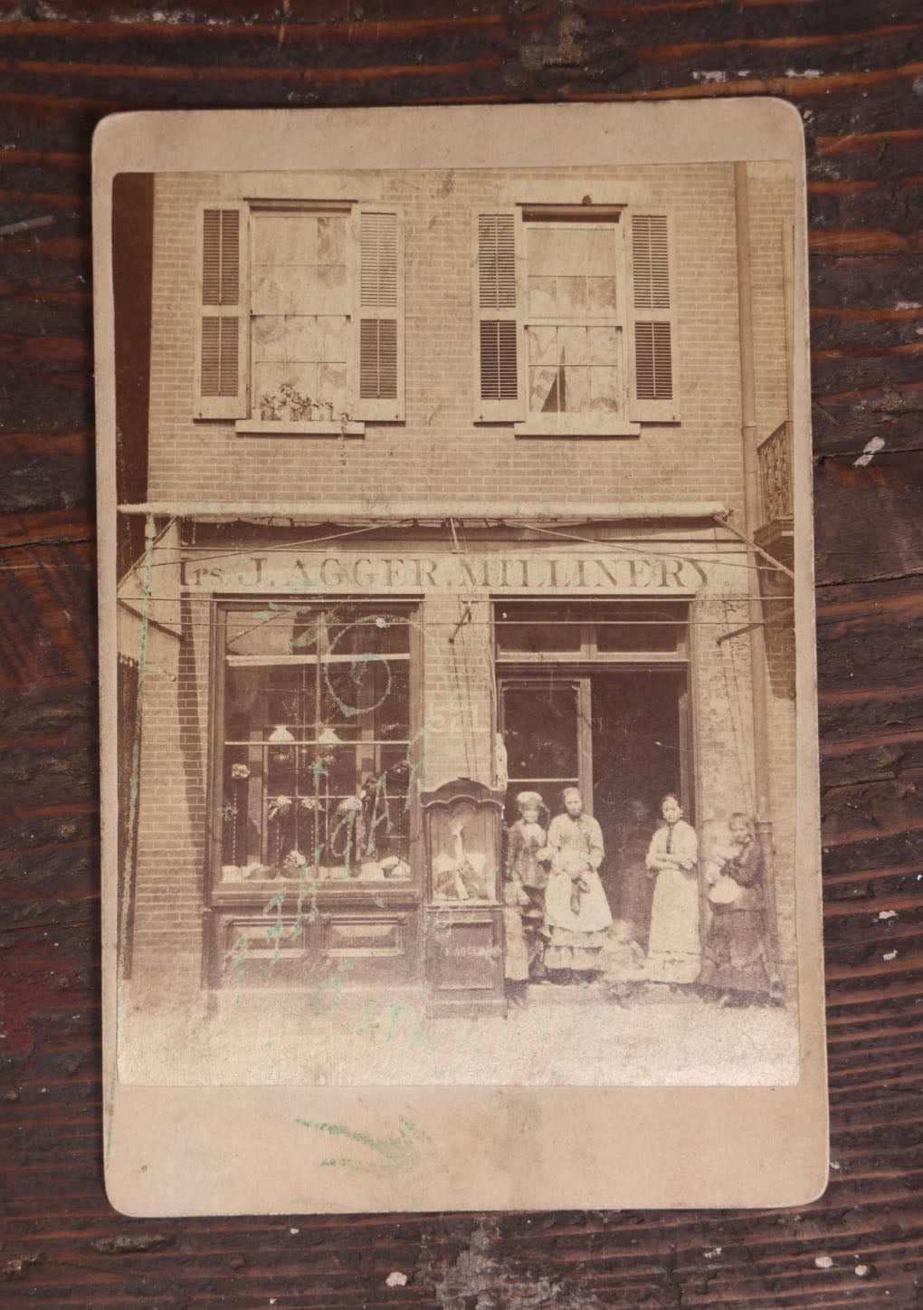 Lot 056 - Antique Cabinet Card Occupational Photo Of Storefront, Mrs. J. Agger Millinery, With Workers, Cincinnati, Ohio, Note Ink Stains, D.C. Redington, Photographer