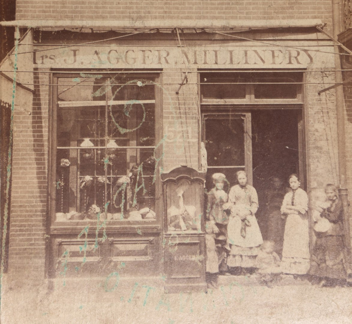 Lot 056 - Antique Cabinet Card Occupational Photo Of Storefront, Mrs. J. Agger Millinery, With Workers, Cincinnati, Ohio, Note Ink Stains, D.C. Redington, Photographer