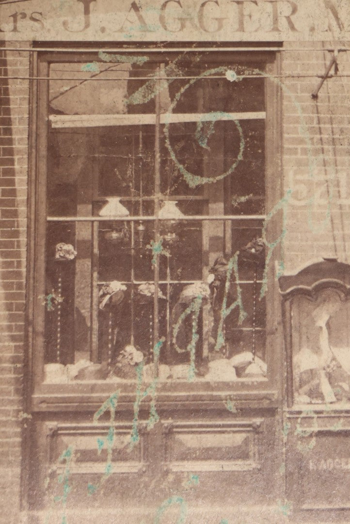 Lot 056 - Antique Cabinet Card Occupational Photo Of Storefront, Mrs. J. Agger Millinery, With Workers, Cincinnati, Ohio, Note Ink Stains, D.C. Redington, Photographer