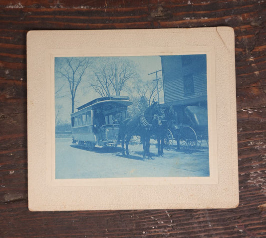 Lot 057 - Antique Mounted Cyanotype Photograph Of A Horse Drawn Trolley, Head Of The Acushnet River, Lund's Corner, New Bedford, Massachusetts, Circa 1880