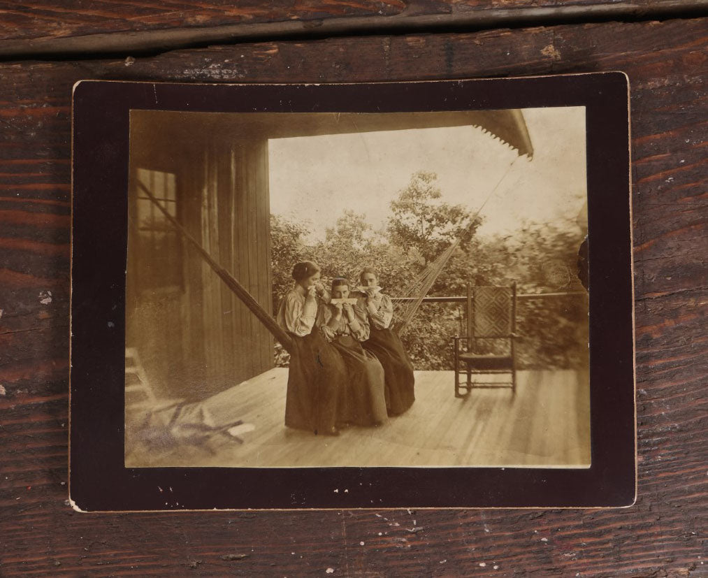 Lot 058 - Antique Boarded Photo Of Three Young Women On Hammock Outside, Playing Home Made Comb Instruments, With Poem On Back, Identified As Harriet, Florence, And Lizzie