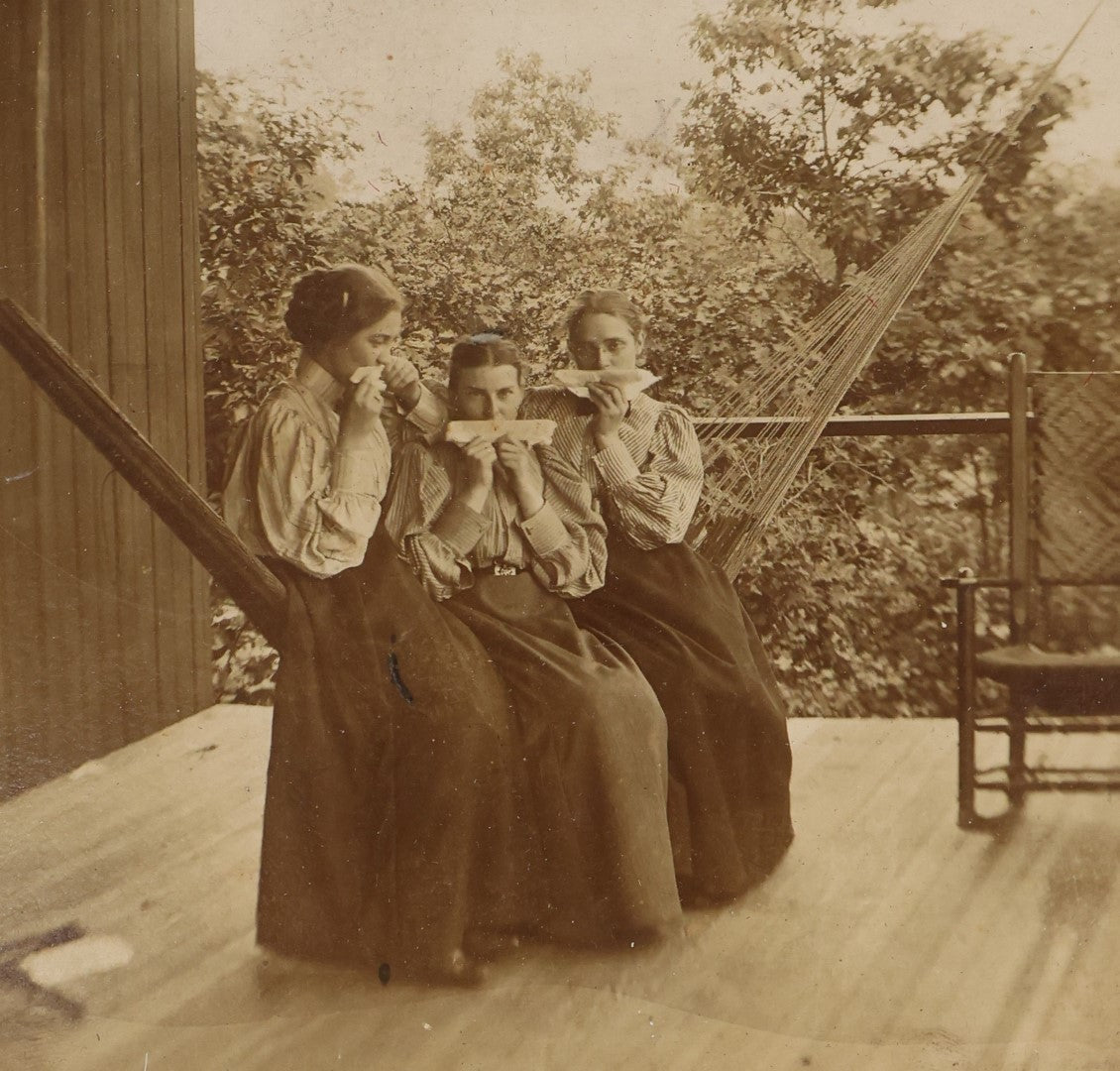 Lot 058 - Antique Boarded Photo Of Three Young Women On Hammock Outside, Playing Home Made Comb Instruments, With Poem On Back, Identified As Harriet, Florence, And Lizzie