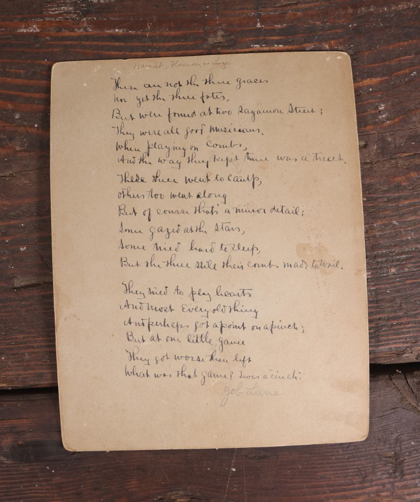 Lot 058 - Antique Boarded Photo Of Three Young Women On Hammock Outside, Playing Home Made Comb Instruments, With Poem On Back, Identified As Harriet, Florence, And Lizzie