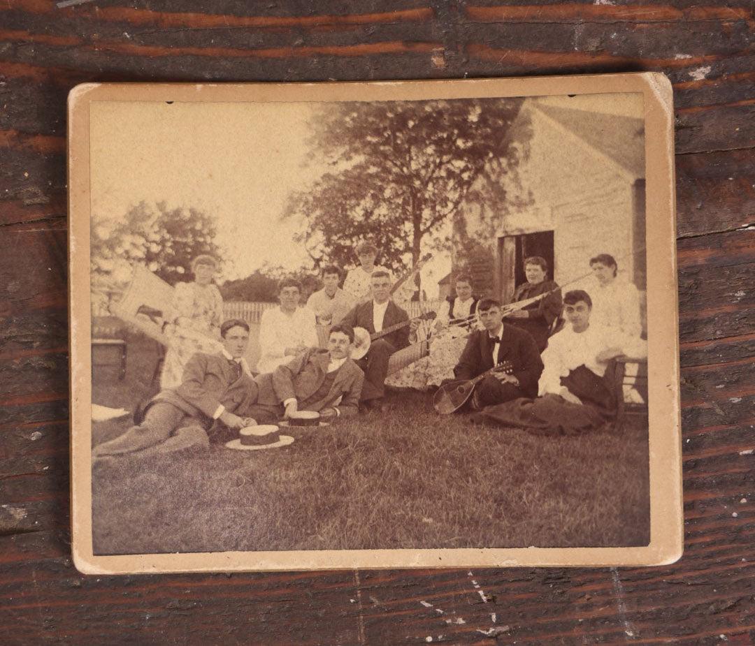 Lot 059 - Antique Boarded Photo Of Musicians, Banjo And Mandolin Players, Friends, At Green Valley Farm, July 1893