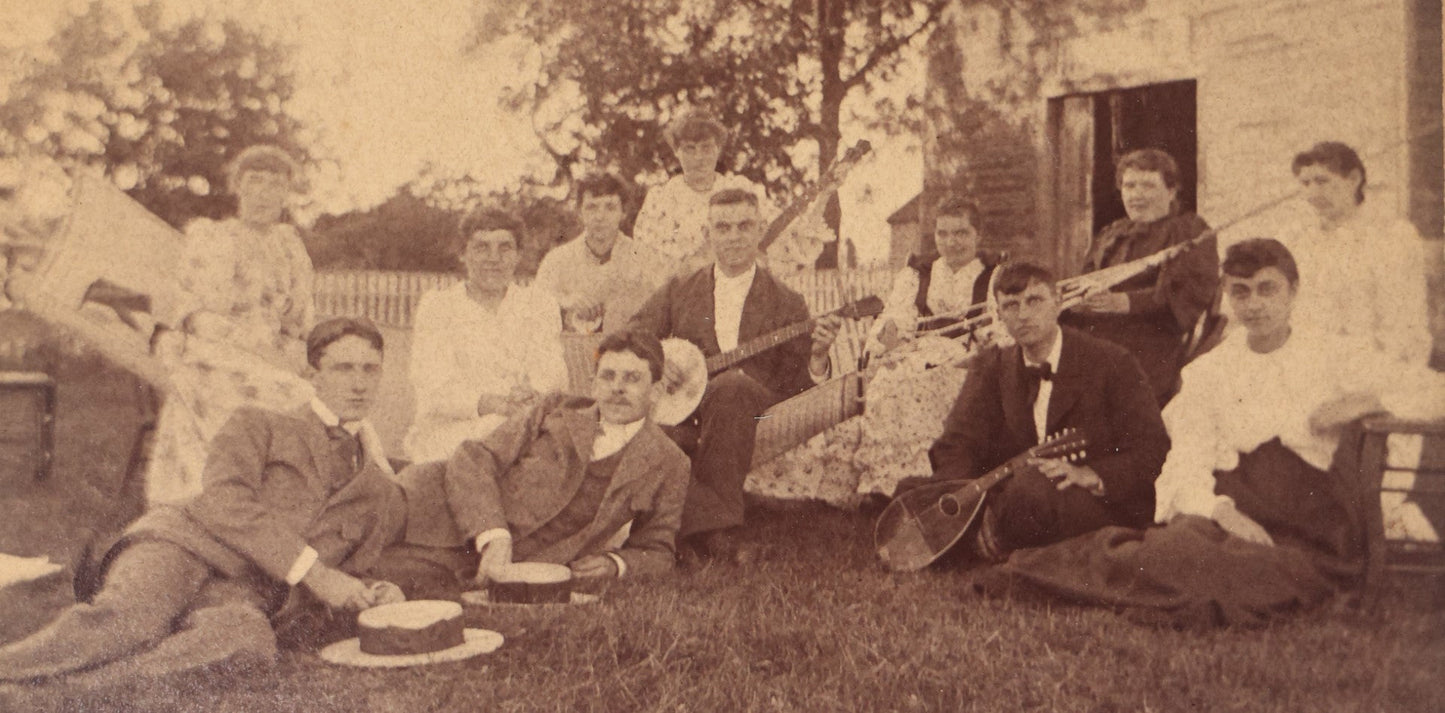 Lot 059 - Antique Boarded Photo Of Musicians, Banjo And Mandolin Players, Friends, At Green Valley Farm, July 1893