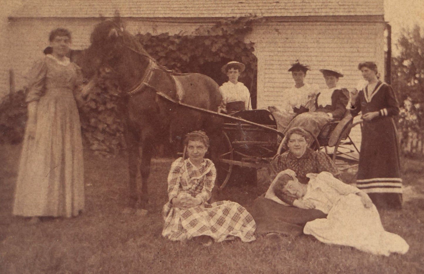 Lot 060 - Antique Boarded Photo Of Horse Drawn Carriage, Friends, At Green Valley Farm, July 1893