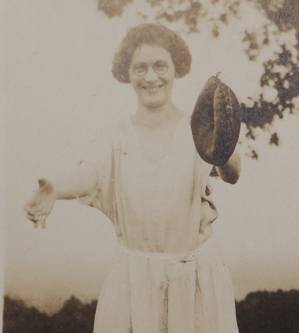 Lot 067 - Single Snapshot Photograph, Girl In Glasses Wearing Early Baseball Mitt