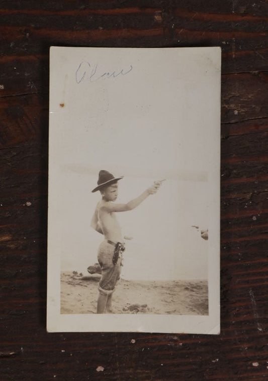 Lot 068 - Single Snapshot Photograph, Young Boy Named Alan Dressed As Cowboy With Cap Gun