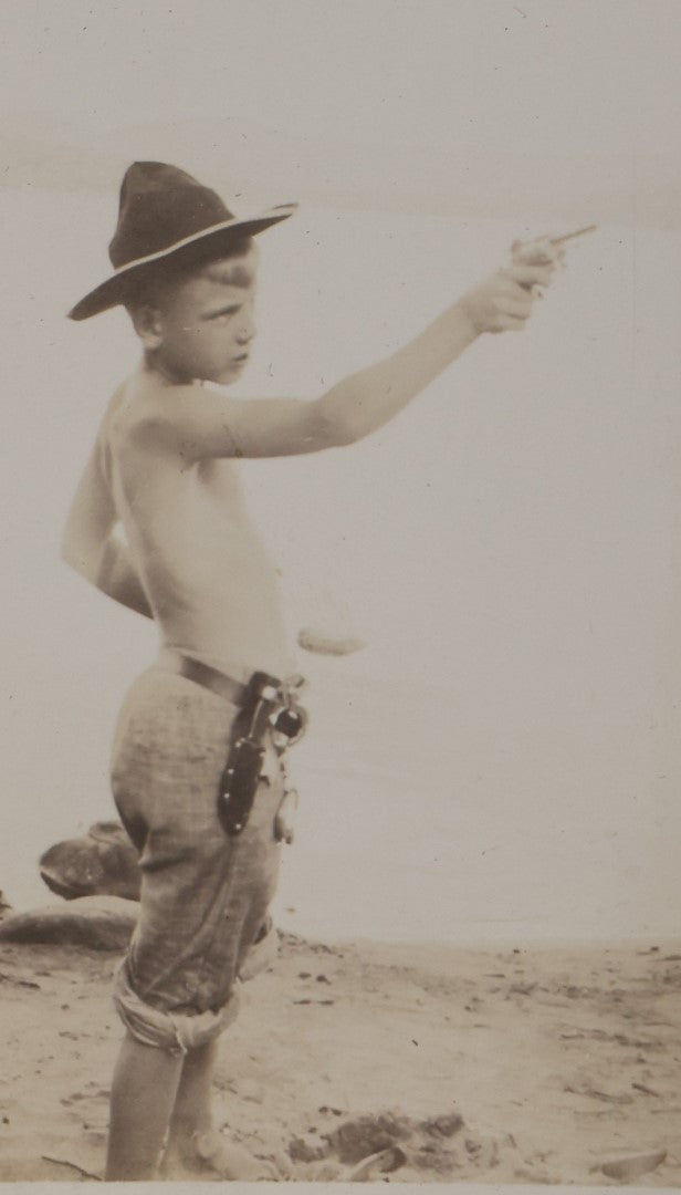 Lot 068 - Single Snapshot Photograph, Young Boy Named Alan Dressed As Cowboy With Cap Gun