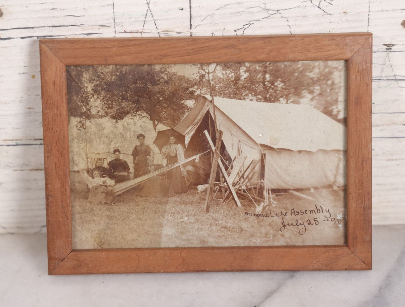 Lot 070 - Antique Trimmed Boarded Photo Of Six Women At The Monona Lake Assembly, Chautauqua Social Gathering In Madison, Wisconsin, July 25, 1895, Framed