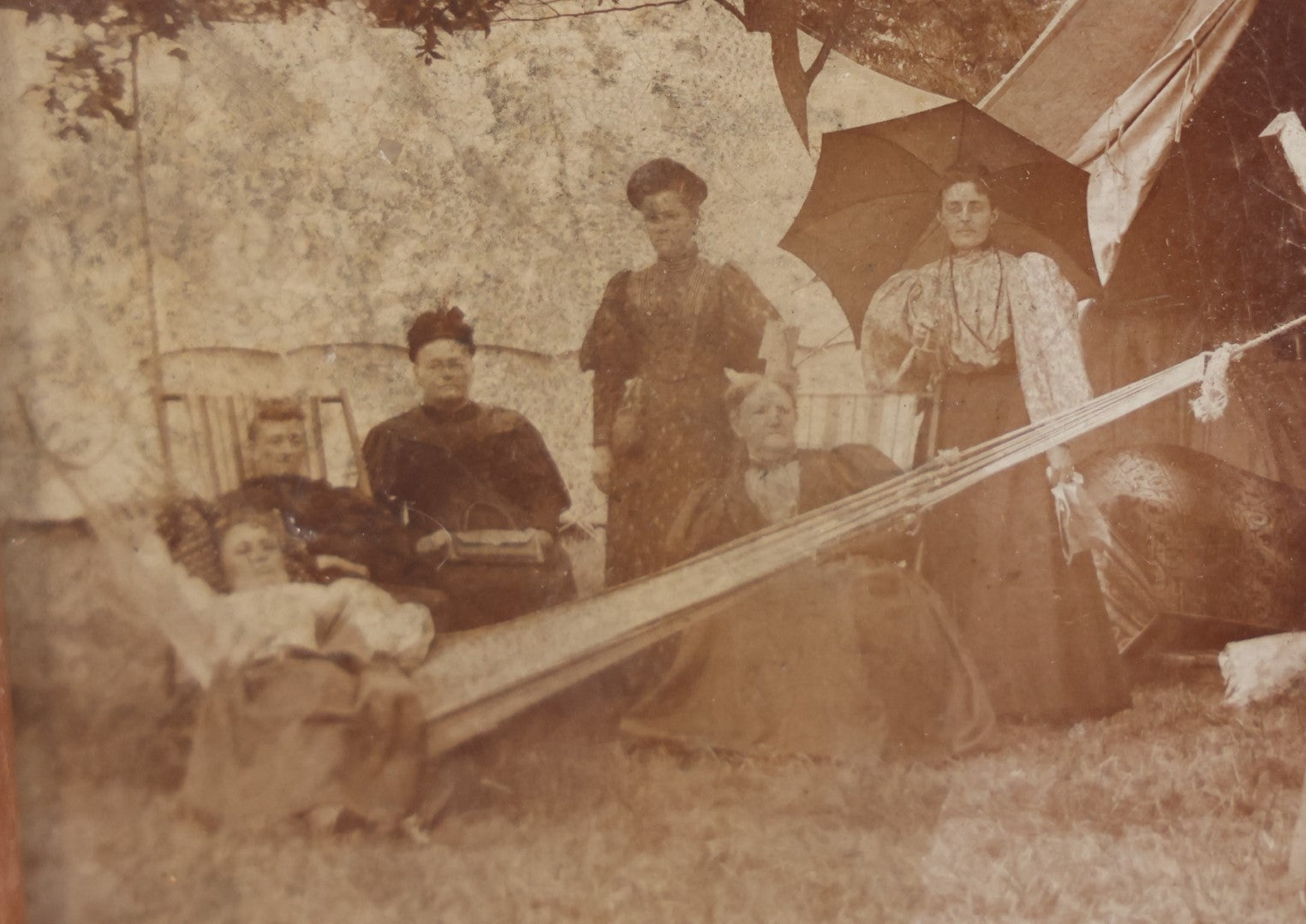 Lot 070 - Antique Trimmed Boarded Photo Of Six Women At The Monona Lake Assembly, Chautauqua Social Gathering In Madison, Wisconsin, July 25, 1895, Framed