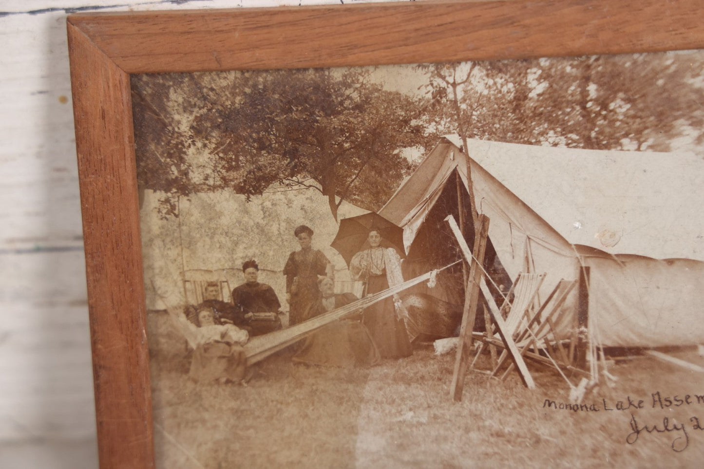 Lot 070 - Antique Trimmed Boarded Photo Of Six Women At The Monona Lake Assembly, Chautauqua Social Gathering In Madison, Wisconsin, July 25, 1895, Framed