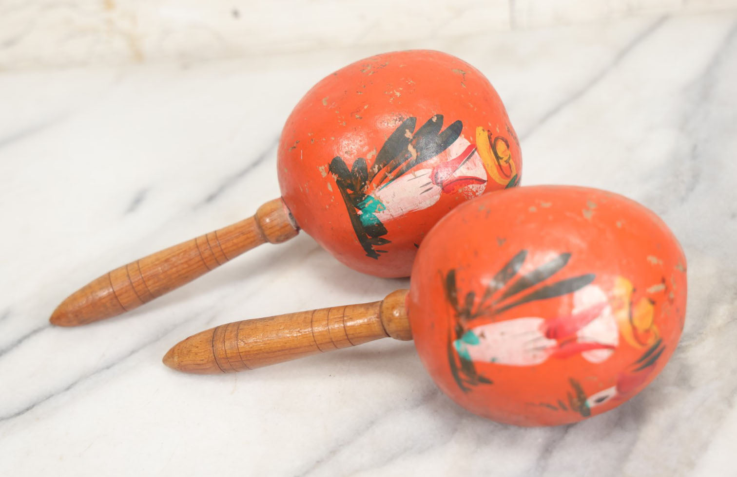 Lot 086 - Pair Of Vintage Hand Painted Orange Maracas, Souvenir Of Mexico, With Cactus, Man In Sombrero