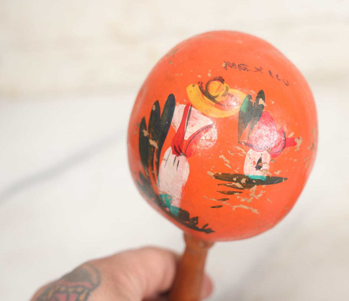 Lot 086 - Pair Of Vintage Hand Painted Orange Maracas, Souvenir Of Mexico, With Cactus, Man In Sombrero