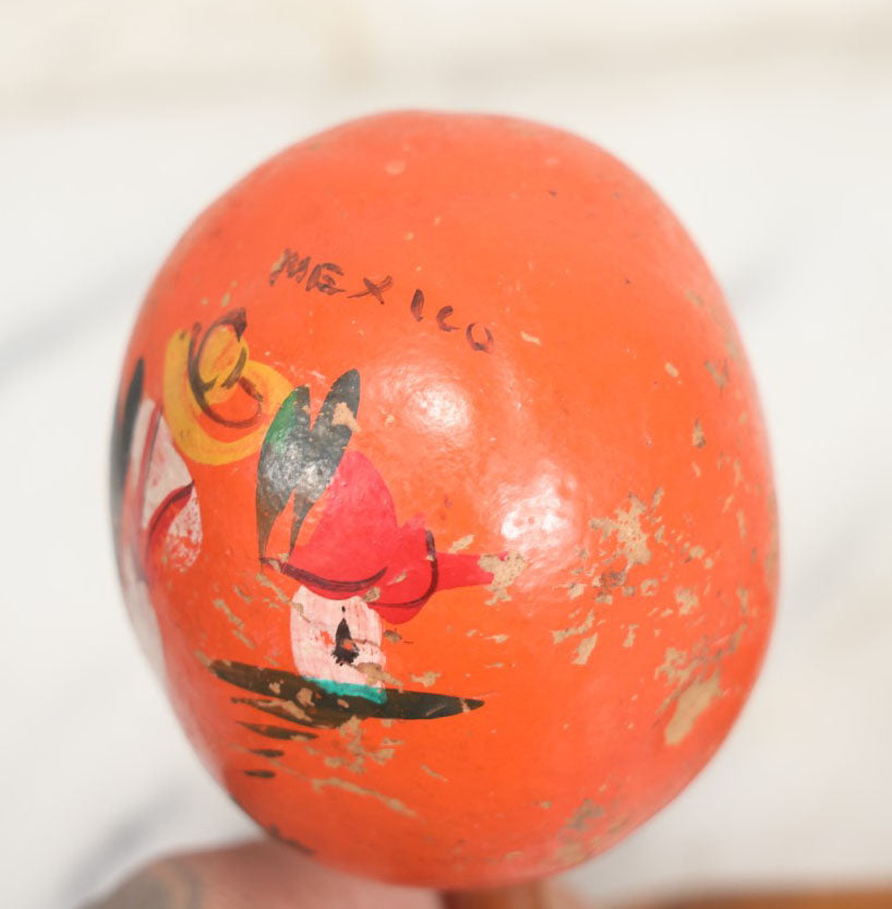 Lot 086 - Pair Of Vintage Hand Painted Orange Maracas, Souvenir Of Mexico, With Cactus, Man In Sombrero