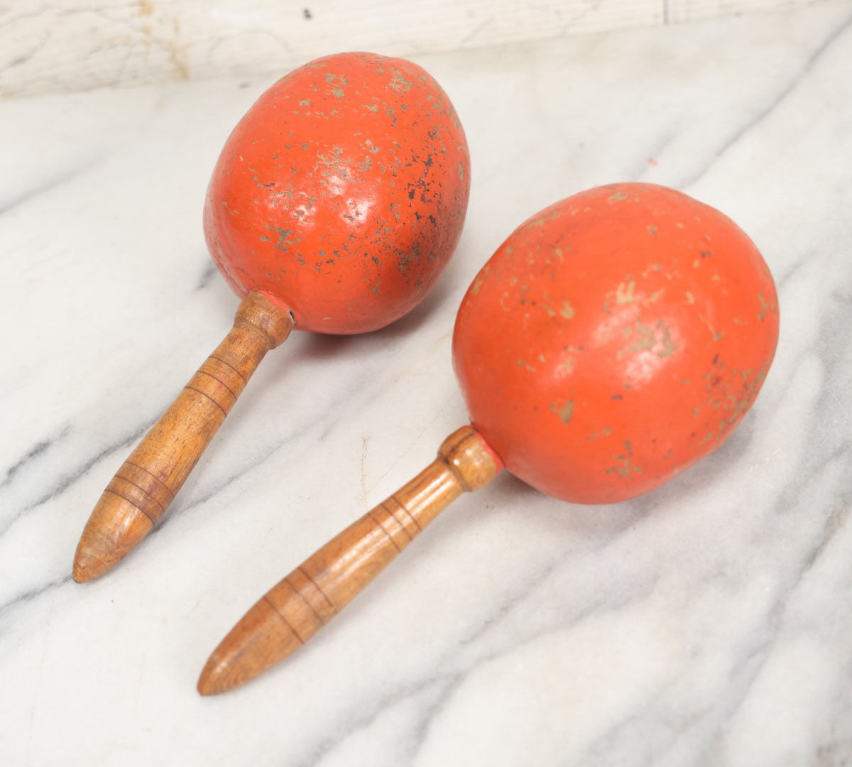 Lot 086 - Pair Of Vintage Hand Painted Orange Maracas, Souvenir Of Mexico, With Cactus, Man In Sombrero