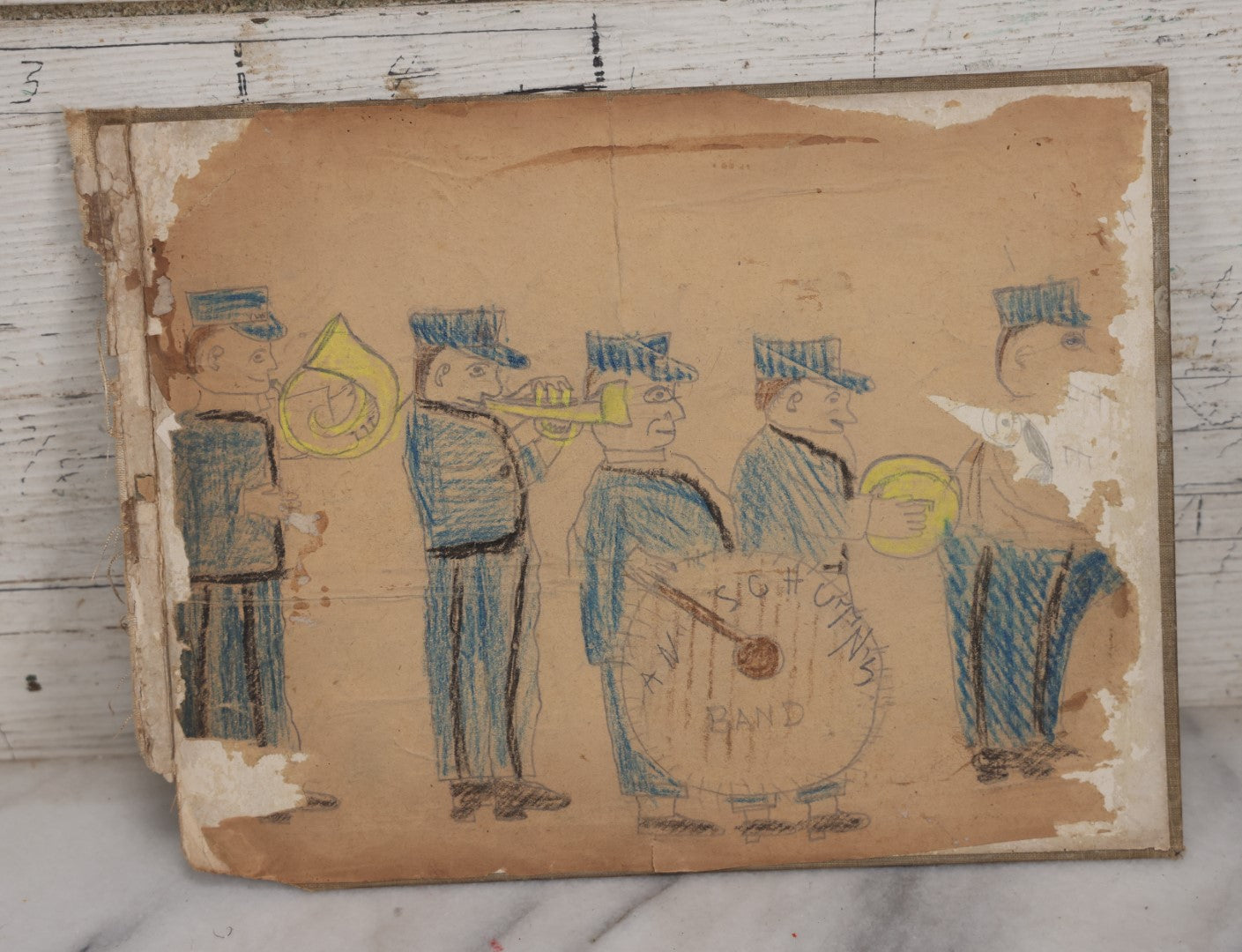 Lot 095 - Vintage Naive Drawing On Book Cover Of A Marching Band, Child's Drawing