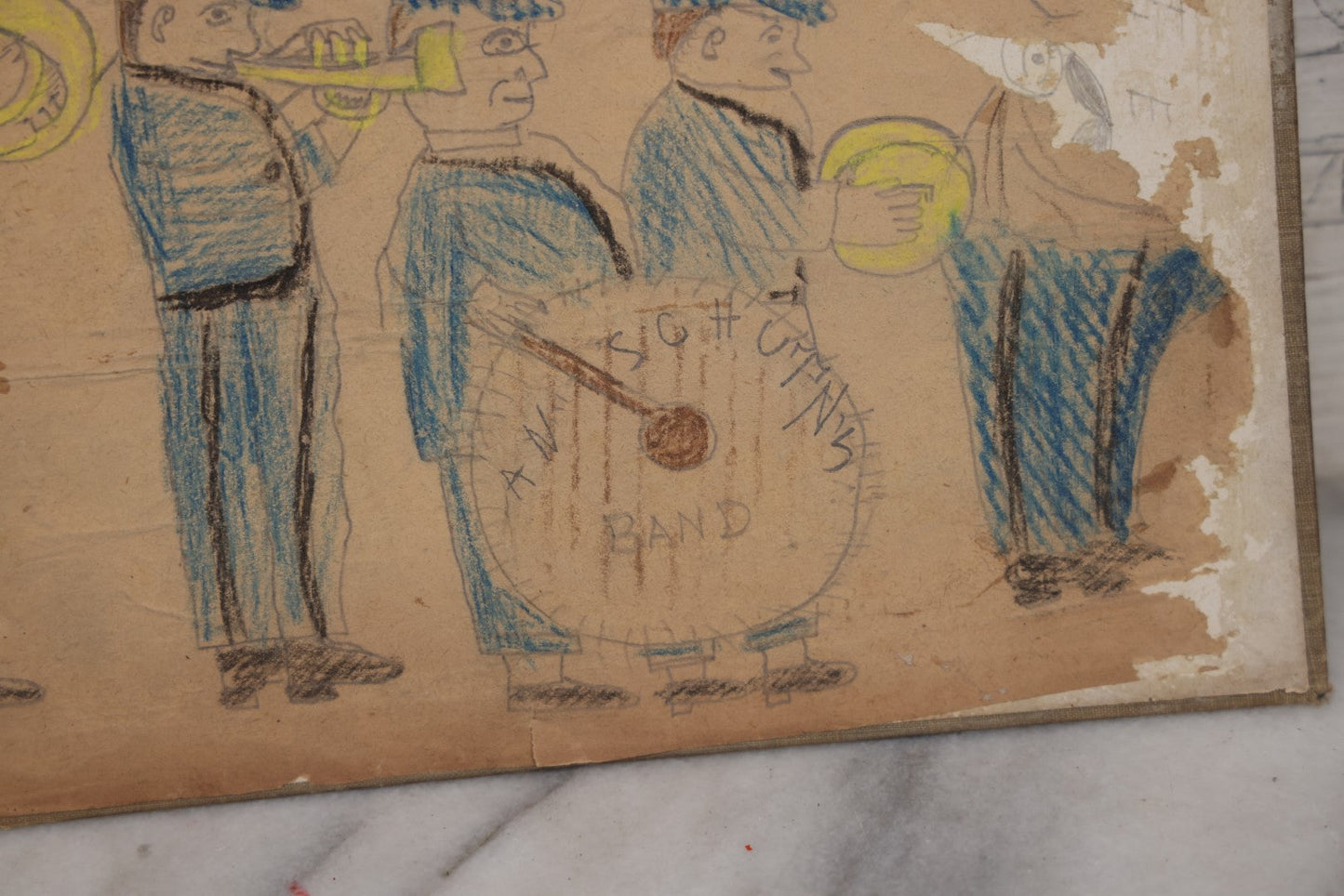 Lot 095 - Vintage Naive Drawing On Book Cover Of A Marching Band, Child's Drawing