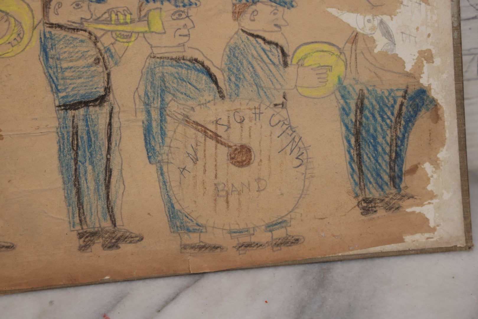 Lot 095 - Vintage Naive Drawing On Book Cover Of A Marching Band, Child's Drawing