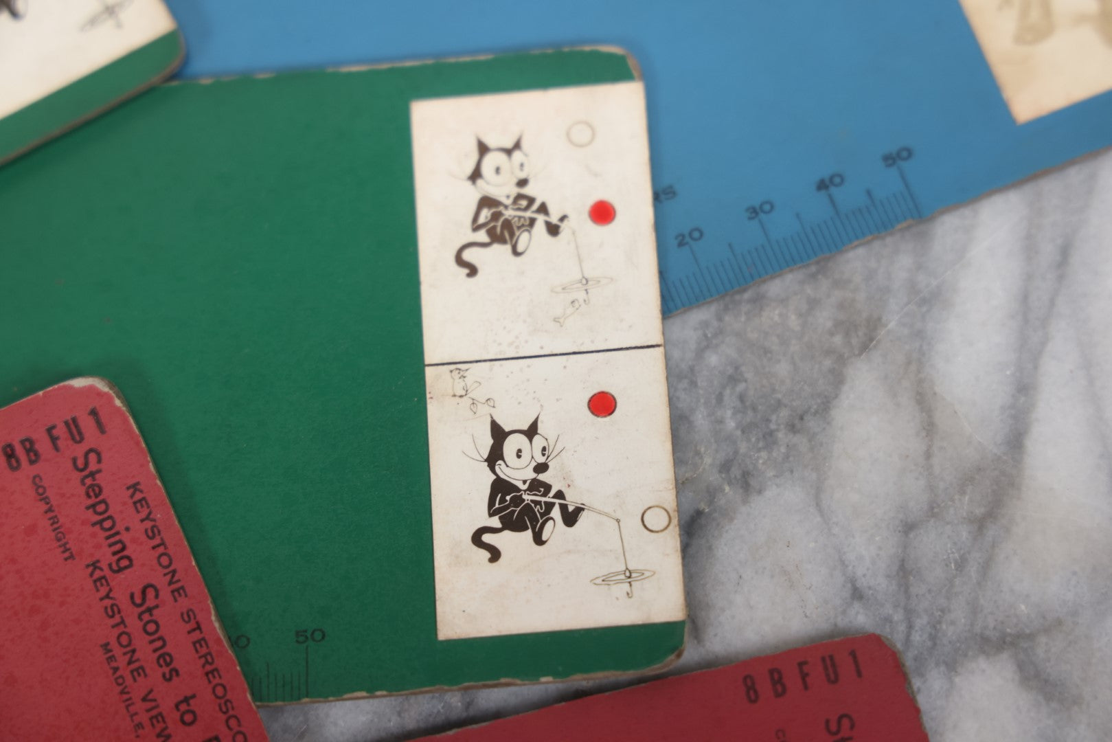 Lot 096 - Grouping Of Six Antique Felix The Cat And Other "Stepping Stone To Binocular Vision" Stereo Cards By The Keystone View Company, Vision Testing And Training Cards