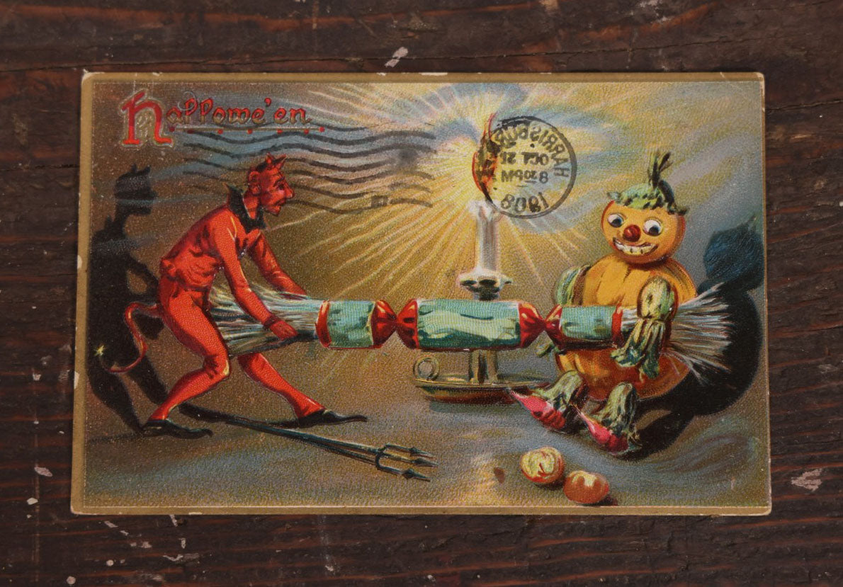 Lot 098 - Antique Halloween Postcard, Devil And Pumpkin Man Fighting Over Candy, Postmarked 1908, Raphael Tuck And Sons Series No. 130