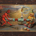 Lot 098 - Antique Halloween Postcard, Devil And Pumpkin Man Fighting Over Candy, Postmarked 1908, Raphael Tuck And Sons Series No. 130