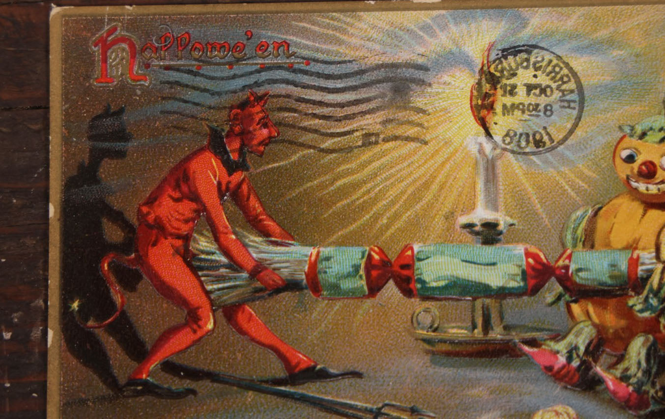 Lot 098 - Antique Halloween Postcard, Devil And Pumpkin Man Fighting Over Candy, Postmarked 1908, Raphael Tuck And Sons Series No. 130