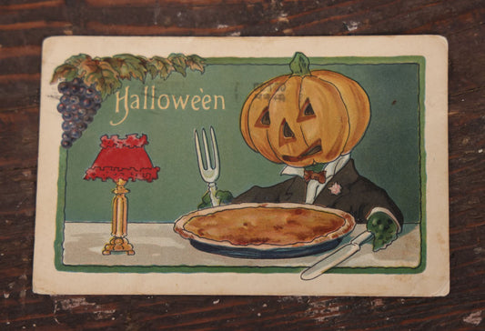 Lot 099 - Antique Halloween Postcard, Pumpkin Man About To Eat Pumpkin Pie, Postmarked 1909, Printed In Germany, L. & E. Series 2229