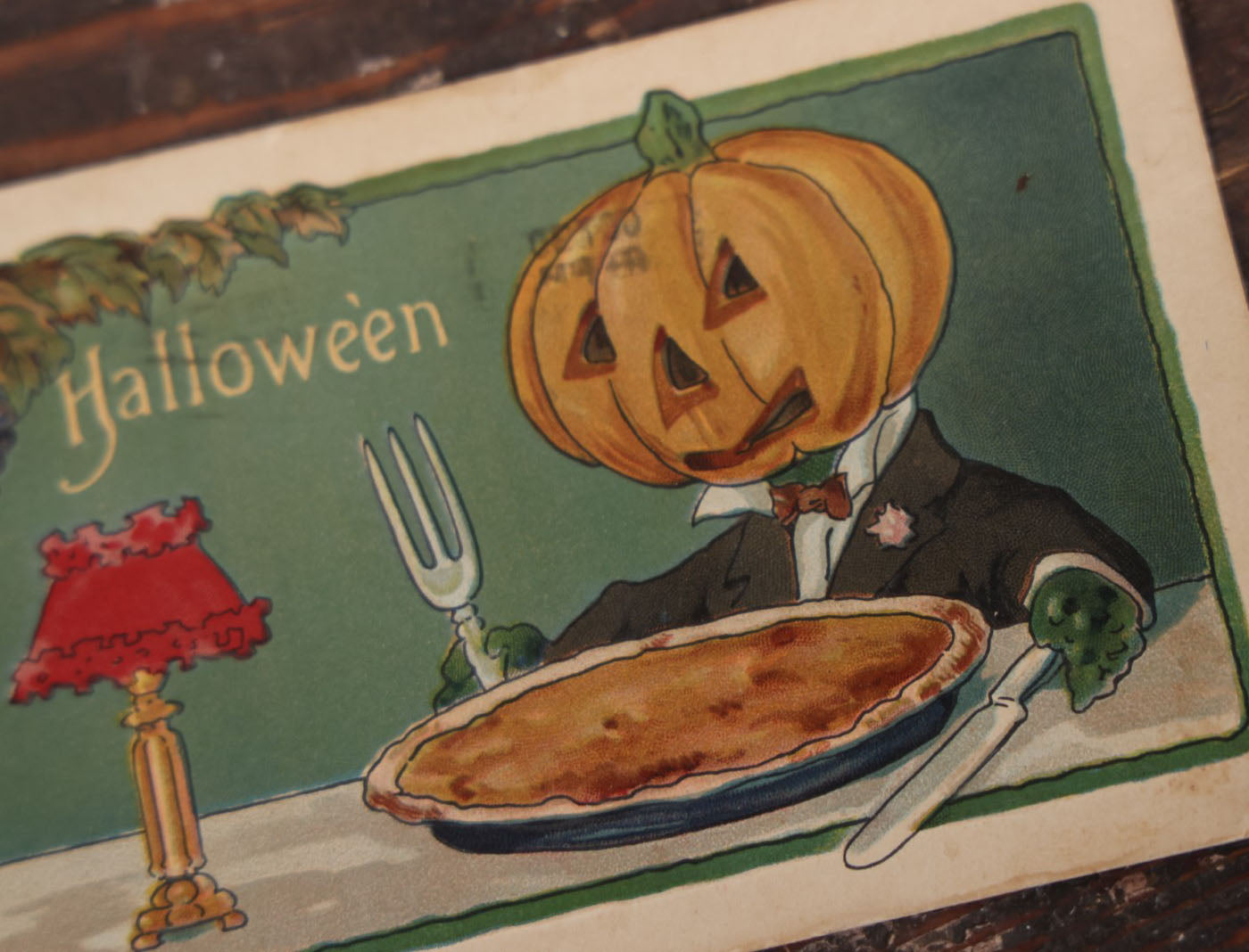 Lot 099 - Antique Halloween Postcard, Pumpkin Man About To Eat Pumpkin Pie, Postmarked 1909, Printed In Germany, L. & E. Series 2229