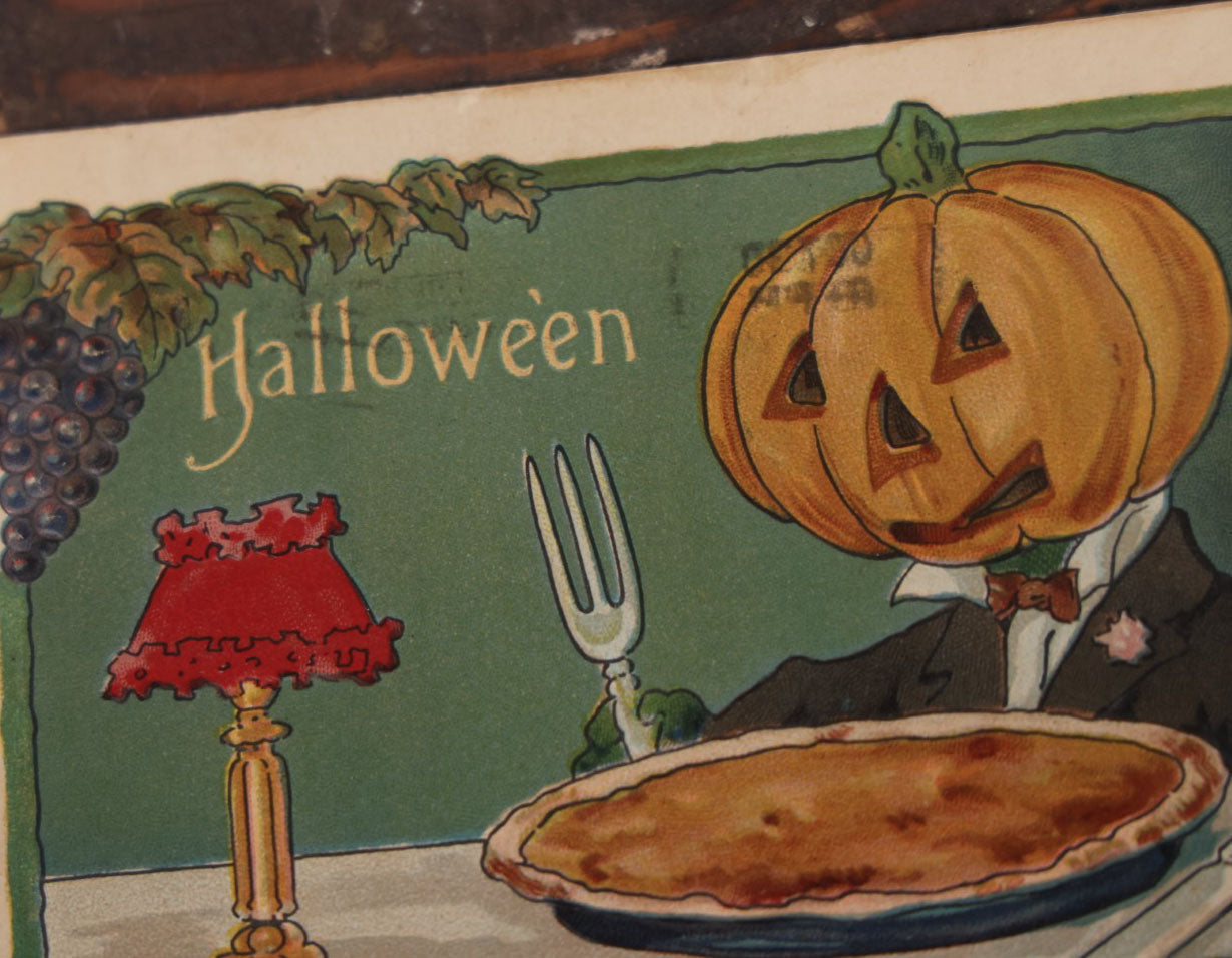 Lot 099 - Antique Halloween Postcard, Pumpkin Man About To Eat Pumpkin Pie, Postmarked 1909, Printed In Germany, L. & E. Series 2229