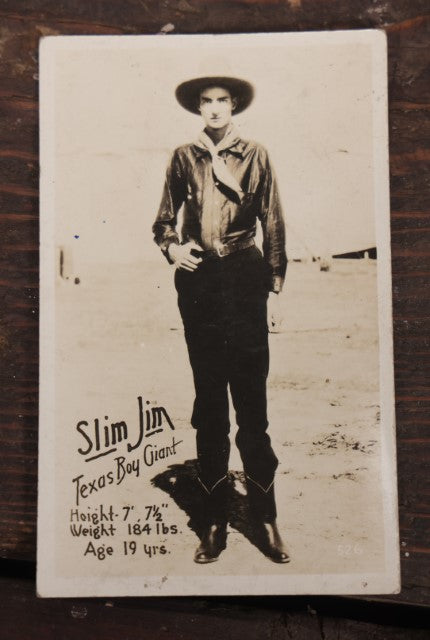 Lot 100 - Antique Real Photo Postcard R.P.P.C. Pitch Card, Slim Jim, Texas Boy Giant Sideshow Act, 7' 7-1/2" Tall, 19 Years Old, By Photo Art, Richmond, Indiana, Undivided Back