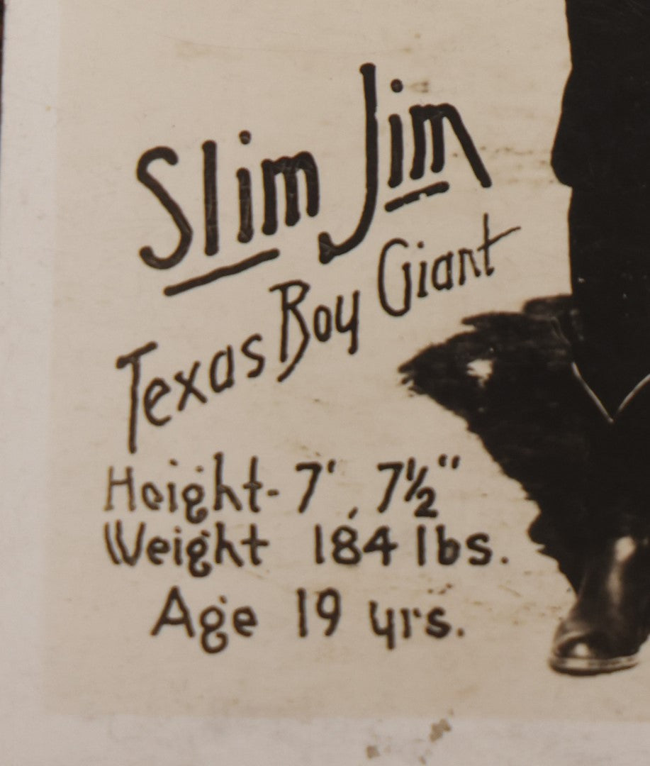 Lot 100 - Antique Real Photo Postcard R.P.P.C. Pitch Card, Slim Jim, Texas Boy Giant Sideshow Act, 7' 7-1/2" Tall, 19 Years Old, By Photo Art, Richmond, Indiana, Undivided Back