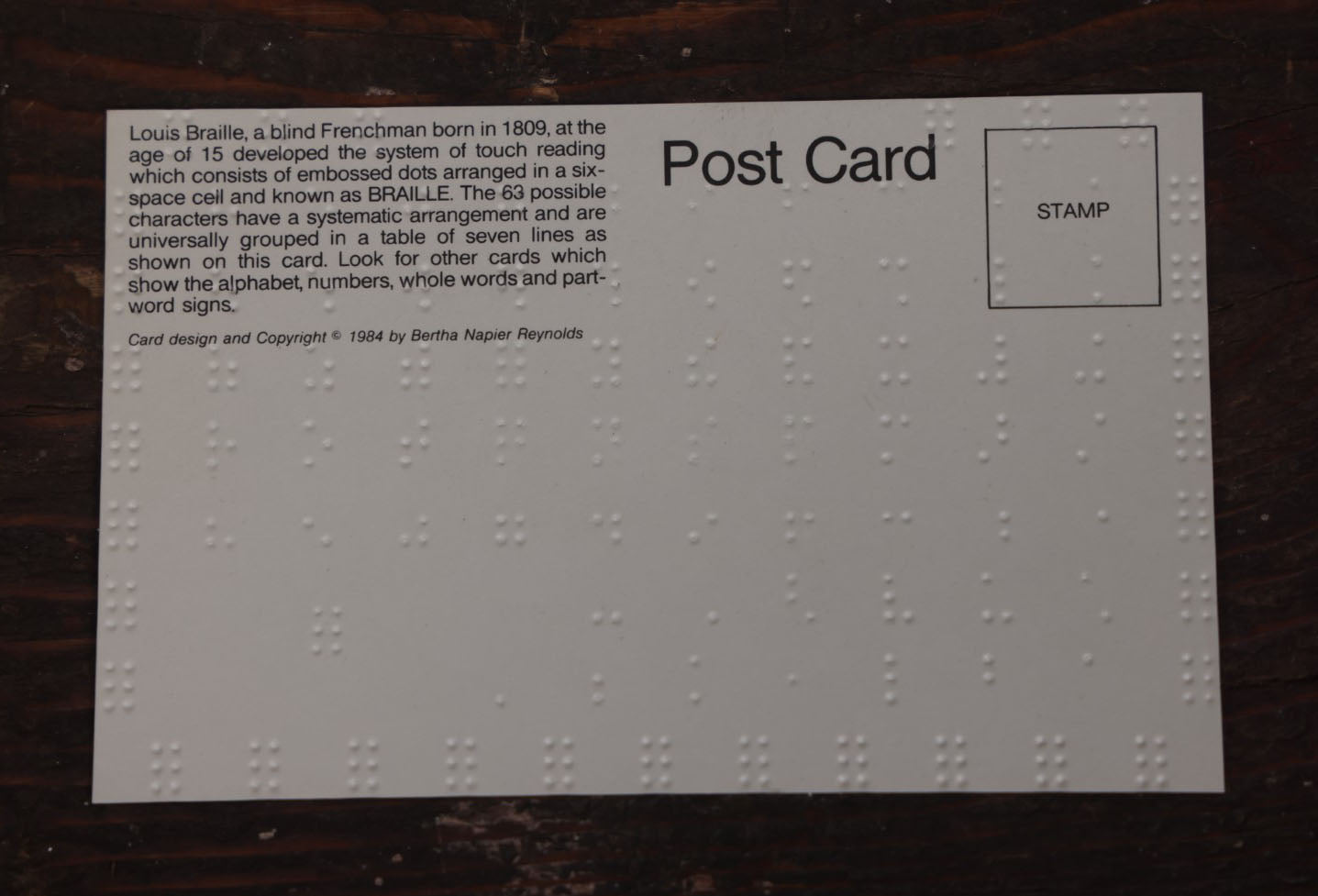 Lot 101 - Vintage Braille Postcard, Design And Copyright 1984 By Bertha Napier Reynolds, With History Of Louis Braille