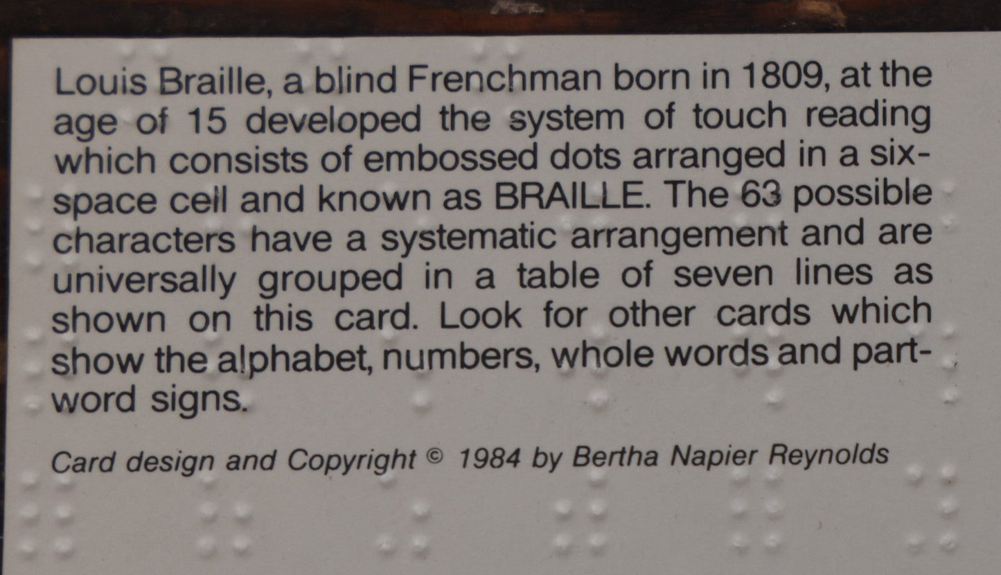 Lot 101 - Vintage Braille Postcard, Design And Copyright 1984 By Bertha Napier Reynolds, With History Of Louis Braille