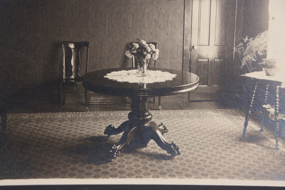 Lot 102 - Single Antique Boarded Photo, Dining Room Interior, With Early Electric Light Fixture