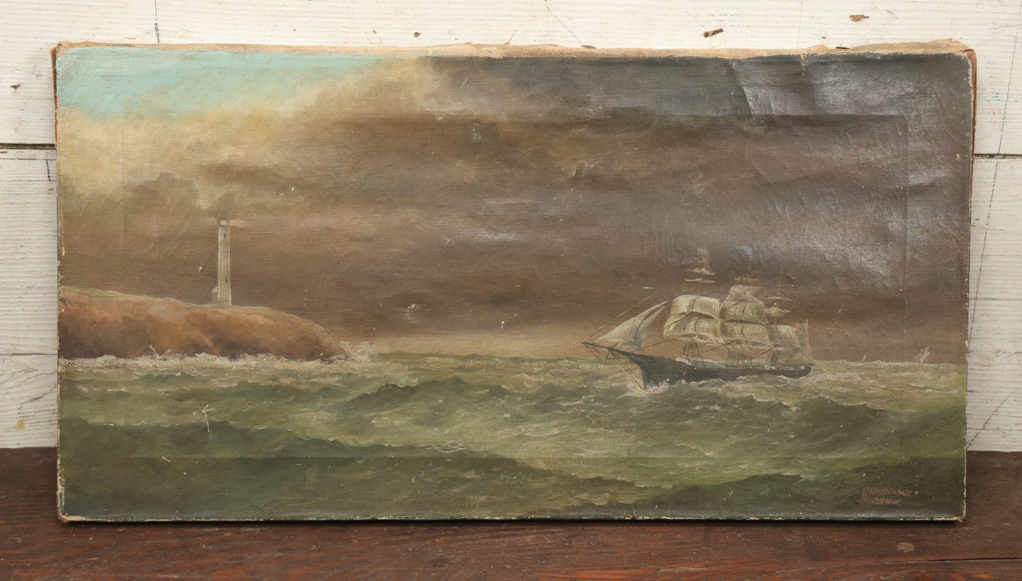 Lot 003 - Vintage Oil On Canvas Nautical Painting Of A Clipper Ship And Lighthouse, Artist Signed By Christopher Gershin, Note Holes And Losses, 25" X 13"