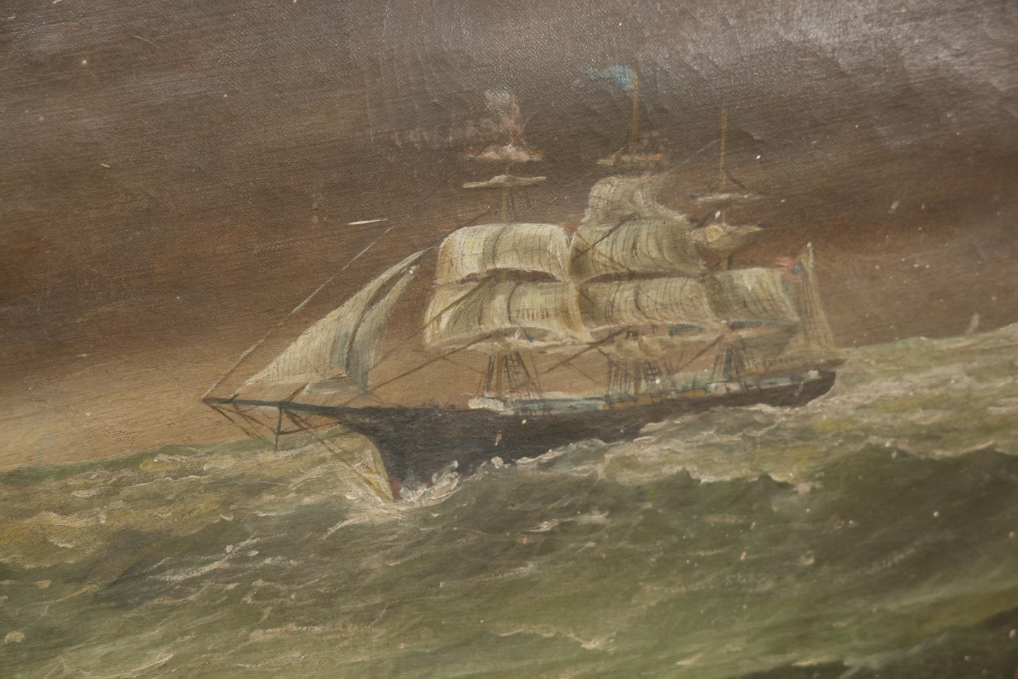 Lot 003 - Vintage Oil On Canvas Nautical Painting Of A Clipper Ship And Lighthouse, Artist Signed By Christopher Gershin, Note Holes And Losses, 25" X 13"