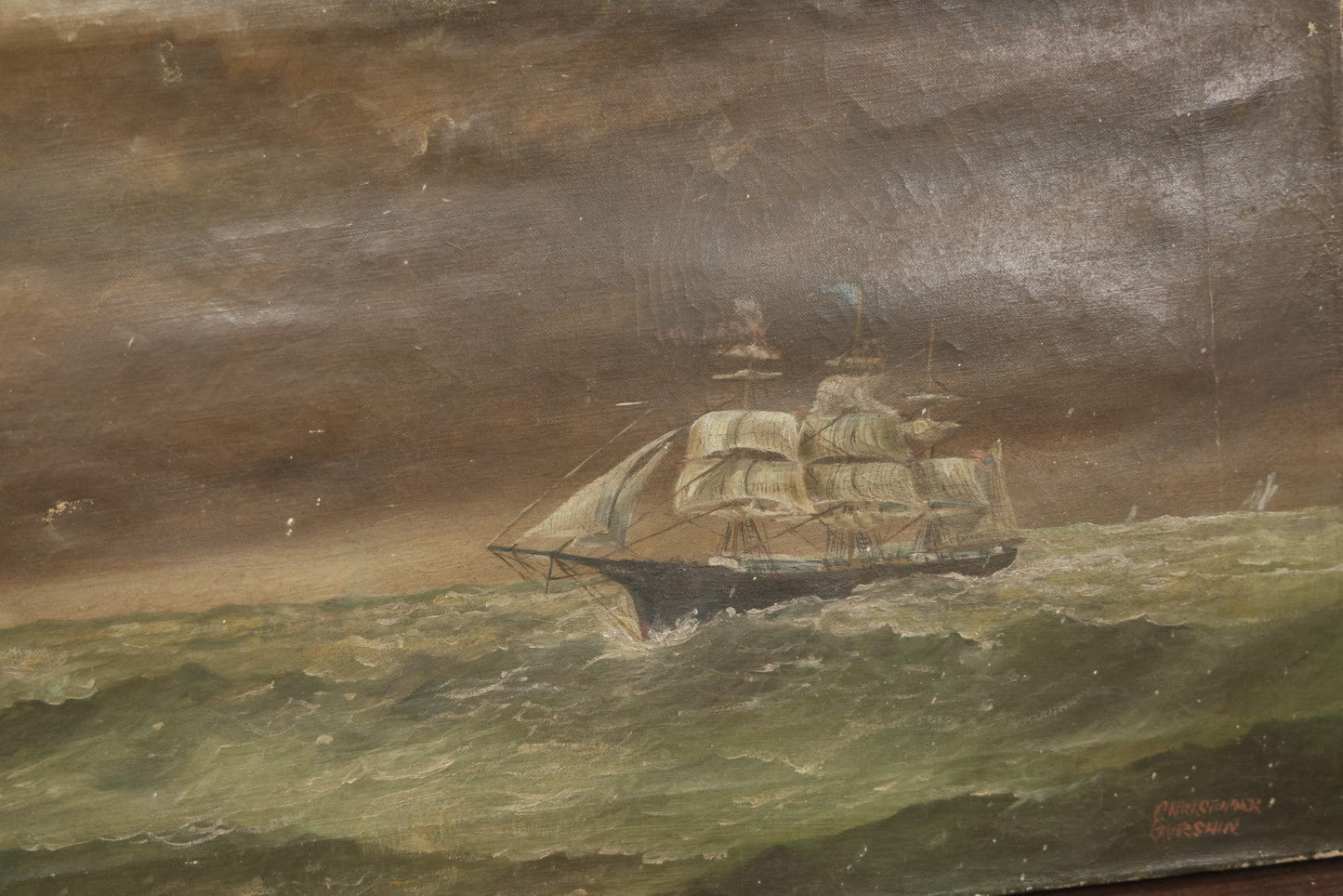 Lot 003 - Vintage Oil On Canvas Nautical Painting Of A Clipper Ship And Lighthouse, Artist Signed By Christopher Gershin, Note Holes And Losses, 25" X 13"